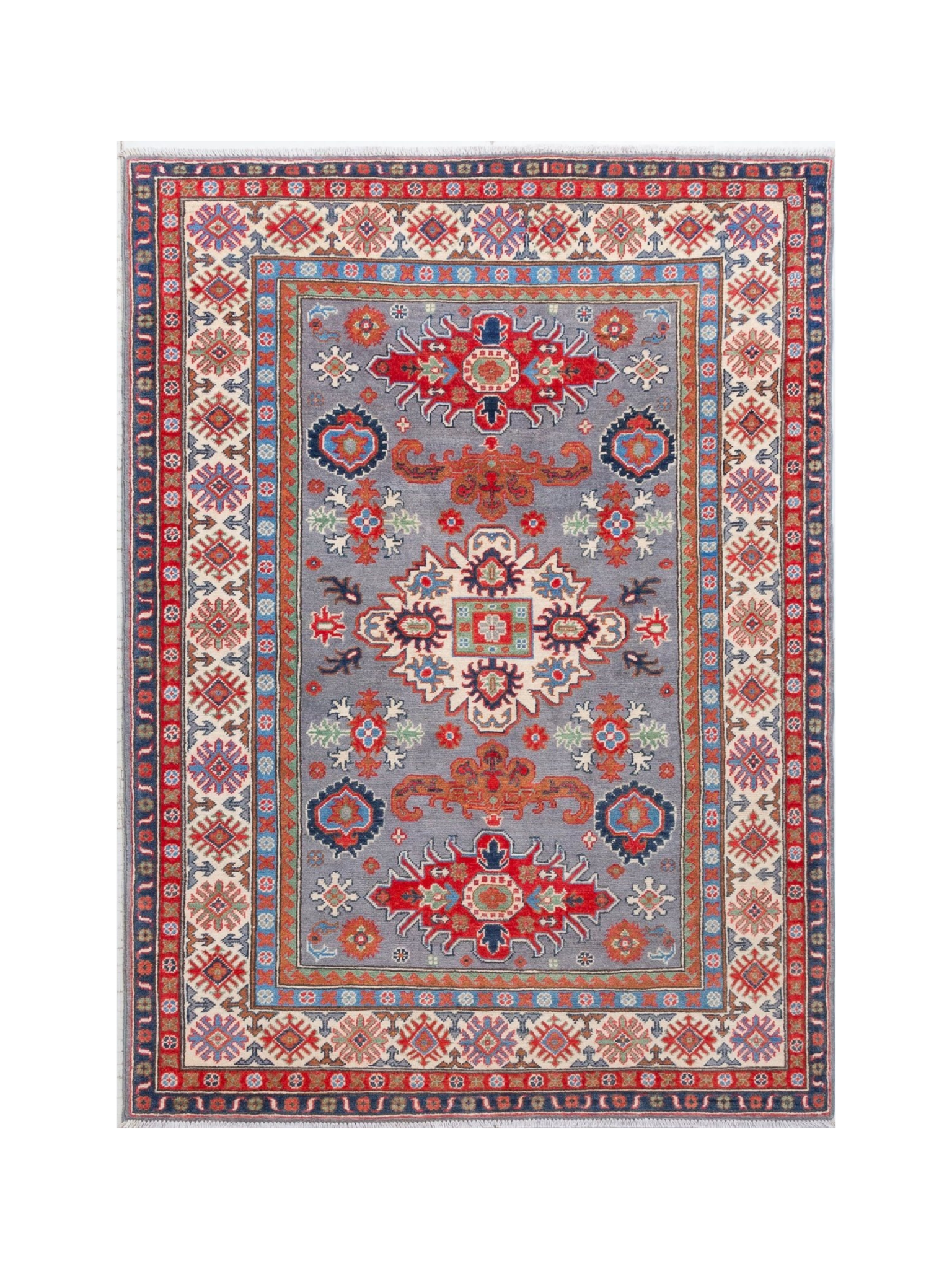 Full front view of blue & red Kazak-inspired wool rug 29345.