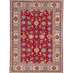 Full front view of red & blue Kazak-inspired wool rug 21542.