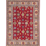 Full front view of red & blue Kazak-inspired wool rug 21542.