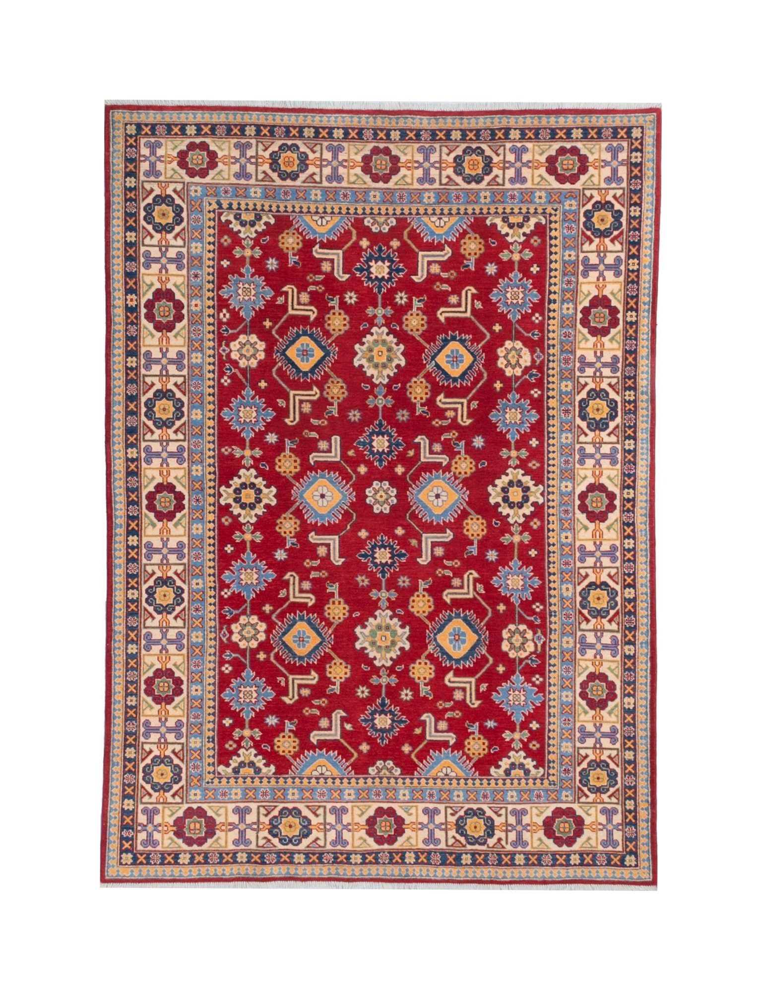 Full front view of red & blue Kazak-inspired wool rug 21542.