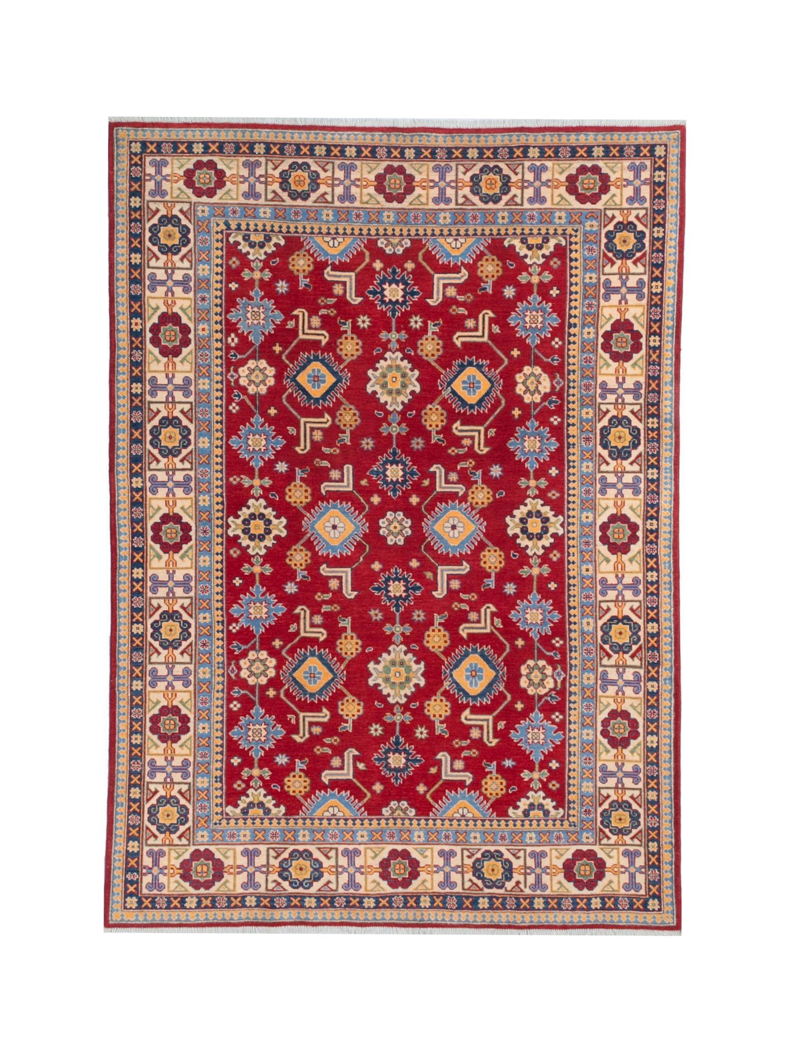 Full front view of red & blue Kazak-inspired wool rug 21542.