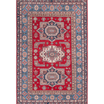 Full front view of red & blue Kazak-inspired wool rug 21613.