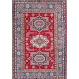 Full front view of red & blue Kazak-inspired wool rug 21613.