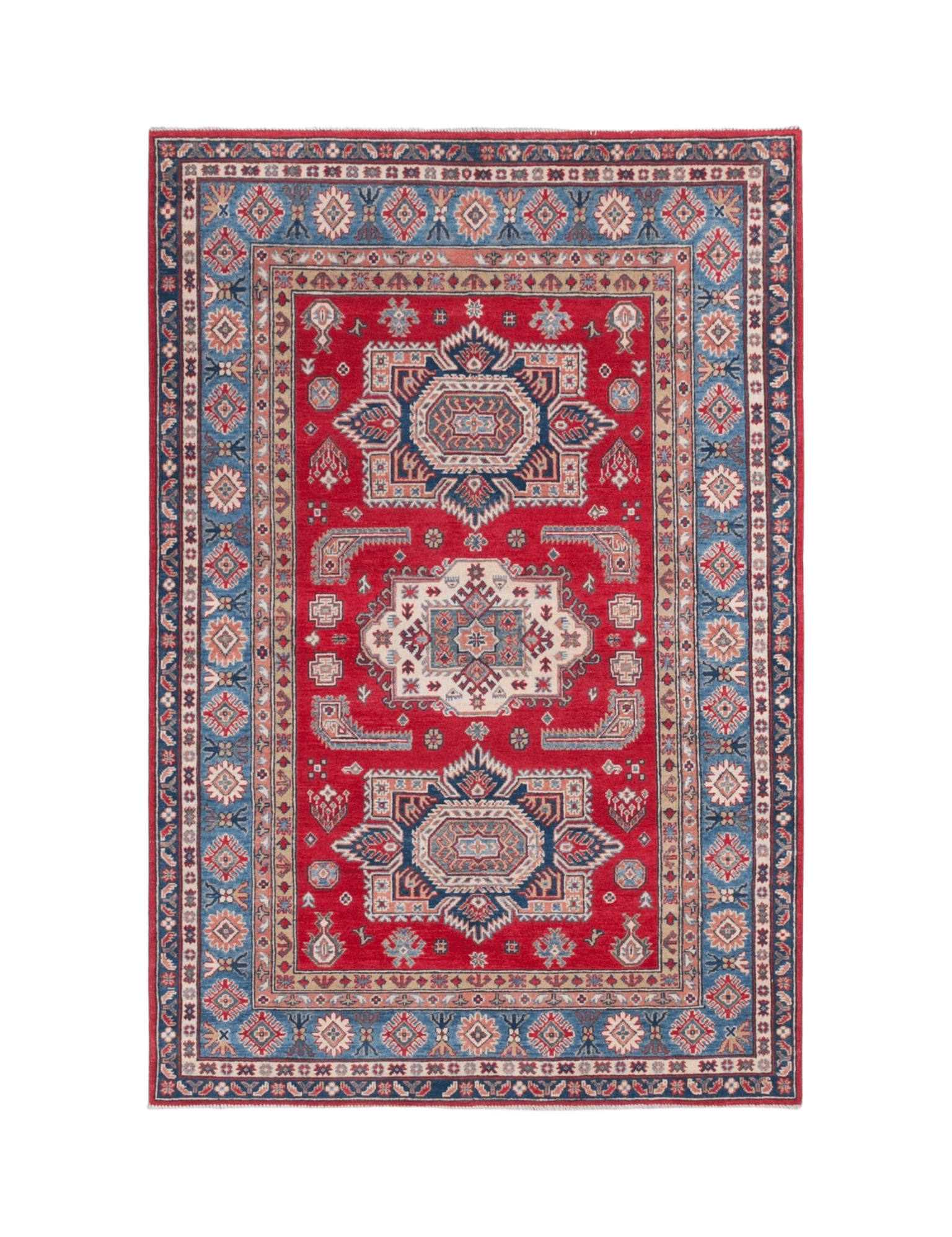Full front view of red & blue Kazak-inspired wool rug 21613.