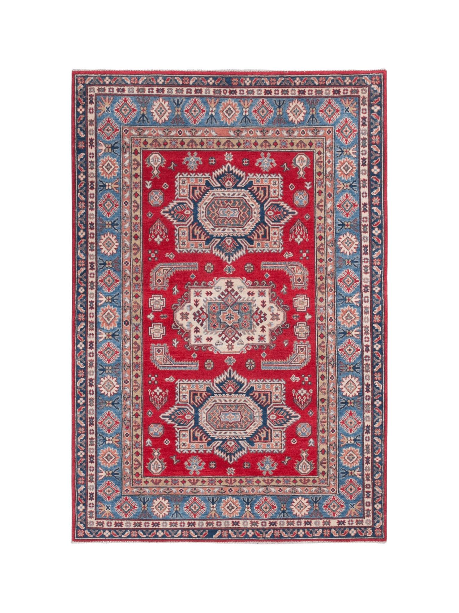 Full front view of red & blue Kazak-inspired wool rug 21613.