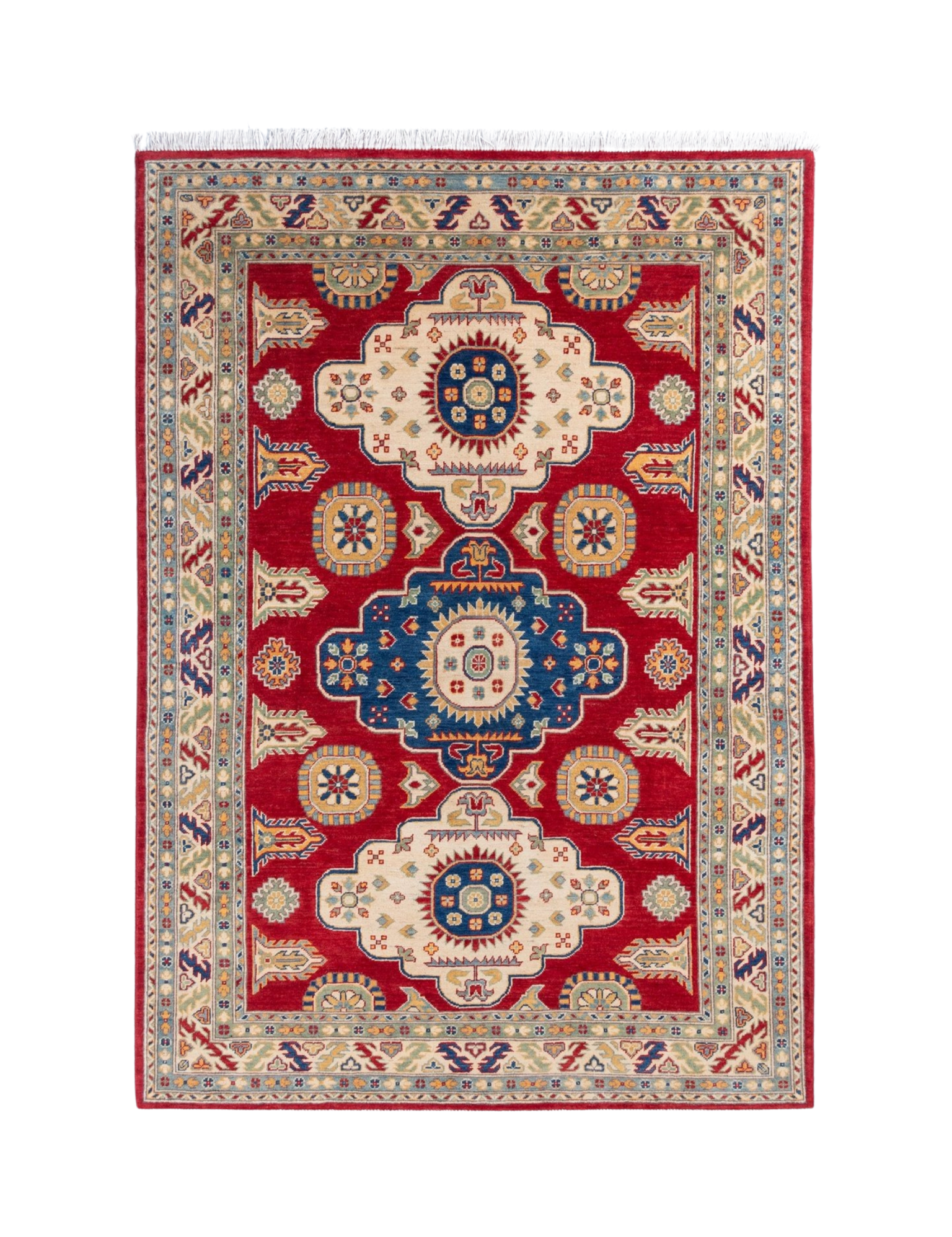 Full front view of red & ivory Kazak-inspired wool rug 22082.