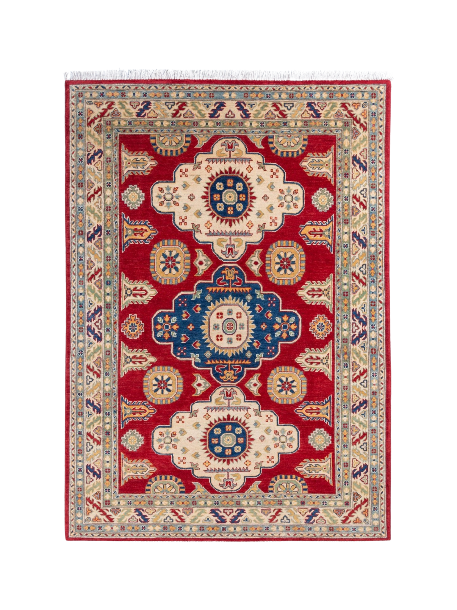 Full front view of red & ivory Kazak-inspired wool rug 22082.