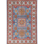 Full front view of blue & red Kazak-inspired wool rug 24986.