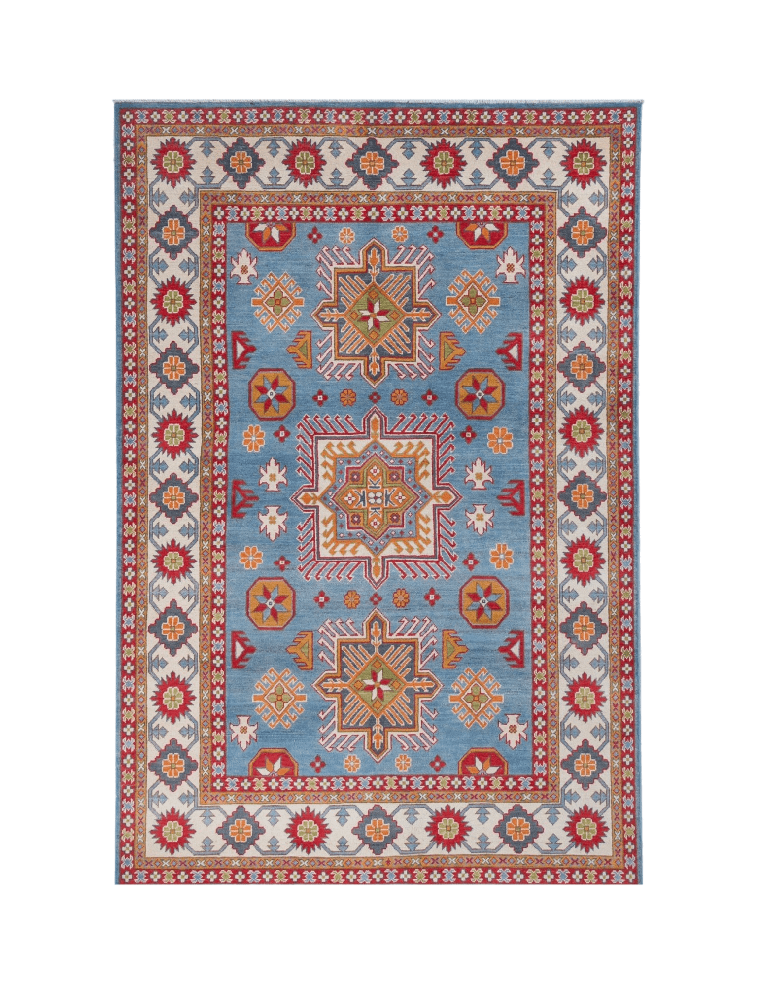 Full front view of blue & red Kazak-inspired wool rug 24986.