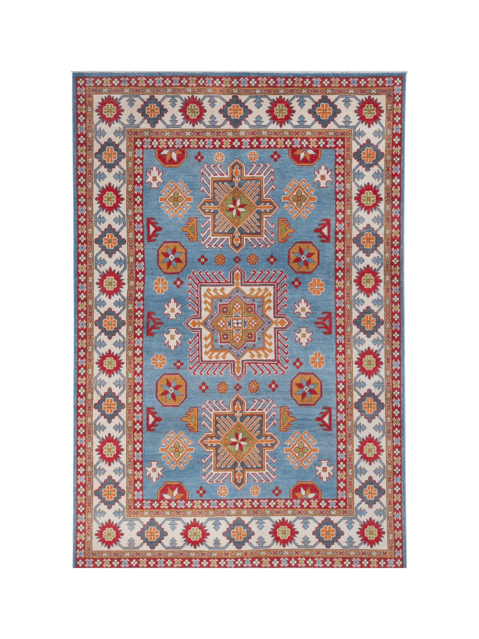 Full front view of blue & red Kazak-inspired wool rug 24986.