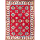 Full front view of red & blue Kazak-inspired wool rug 24995.