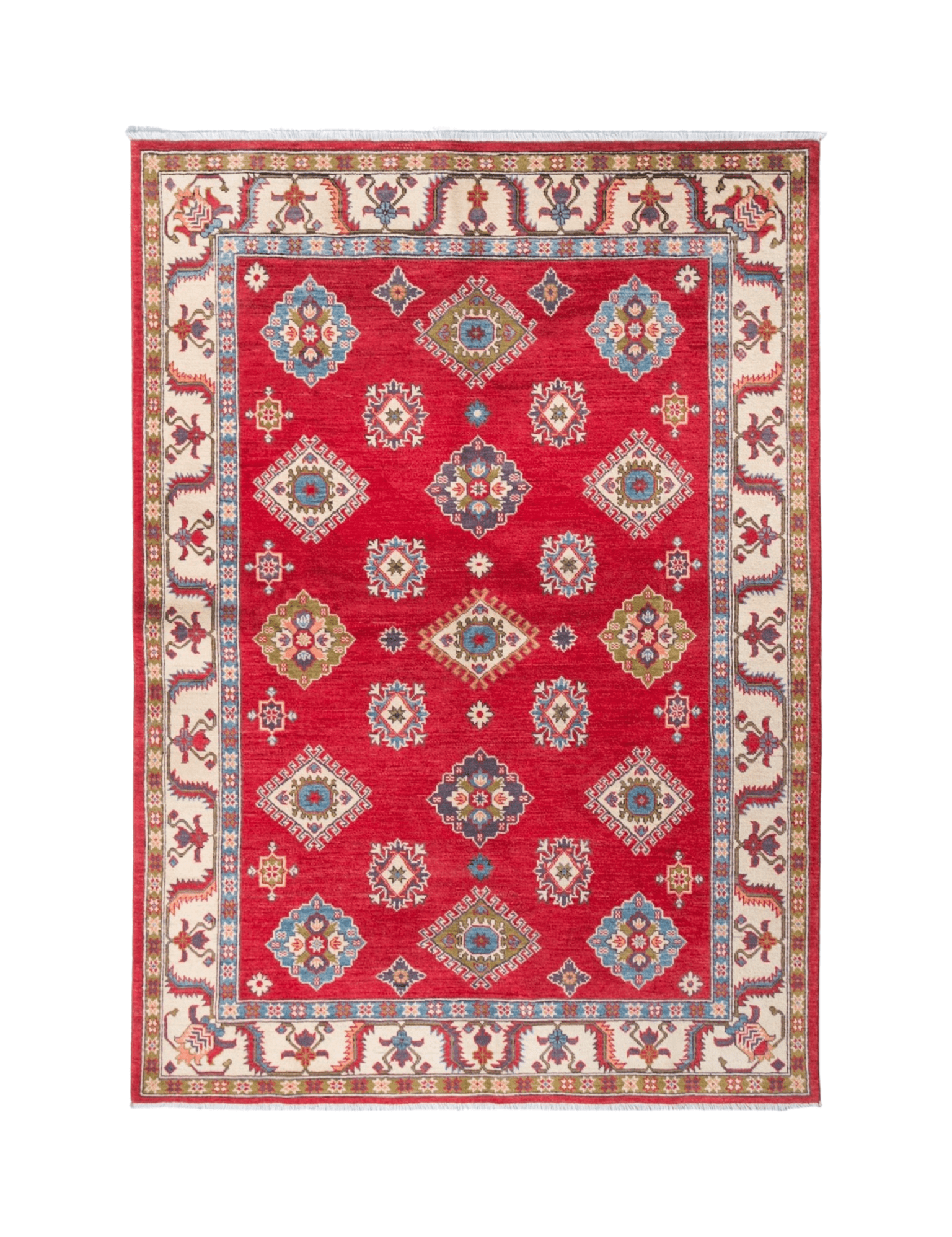 Full front view of red & blue Kazak-inspired wool rug 24995.