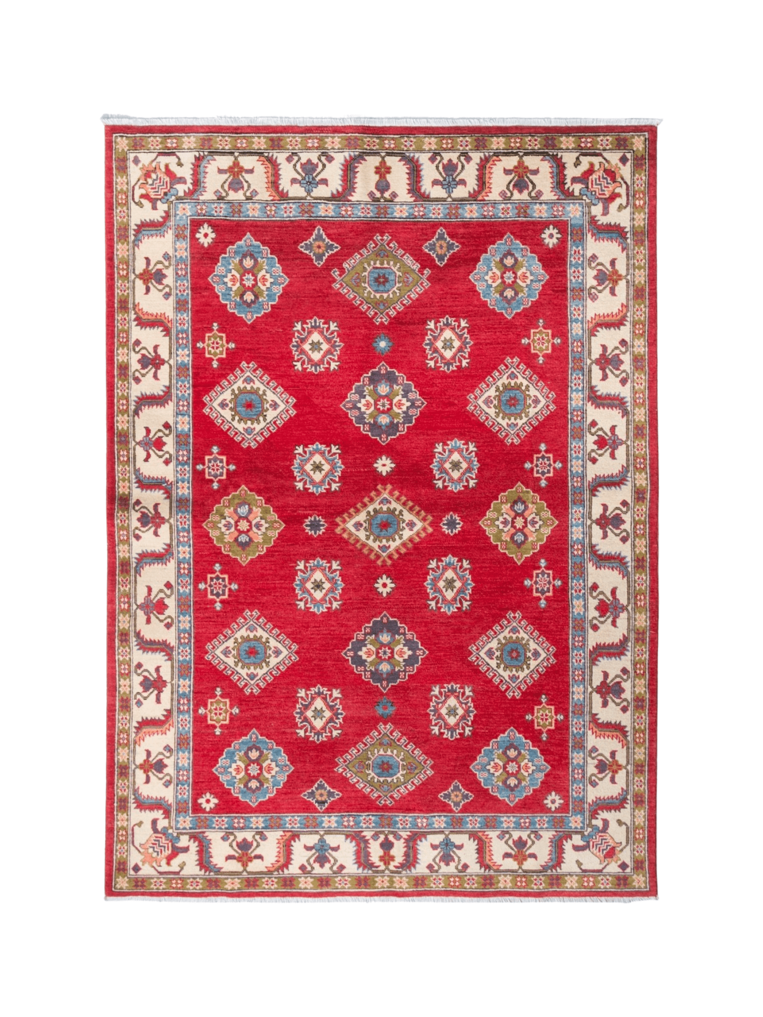 Full front view of red & blue Kazak-inspired wool rug 24995.