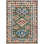 Full front view of green & blue Kazak-inspired wool rug 29637.