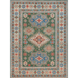 Full front view of green & blue Kazak-inspired wool rug 29637.