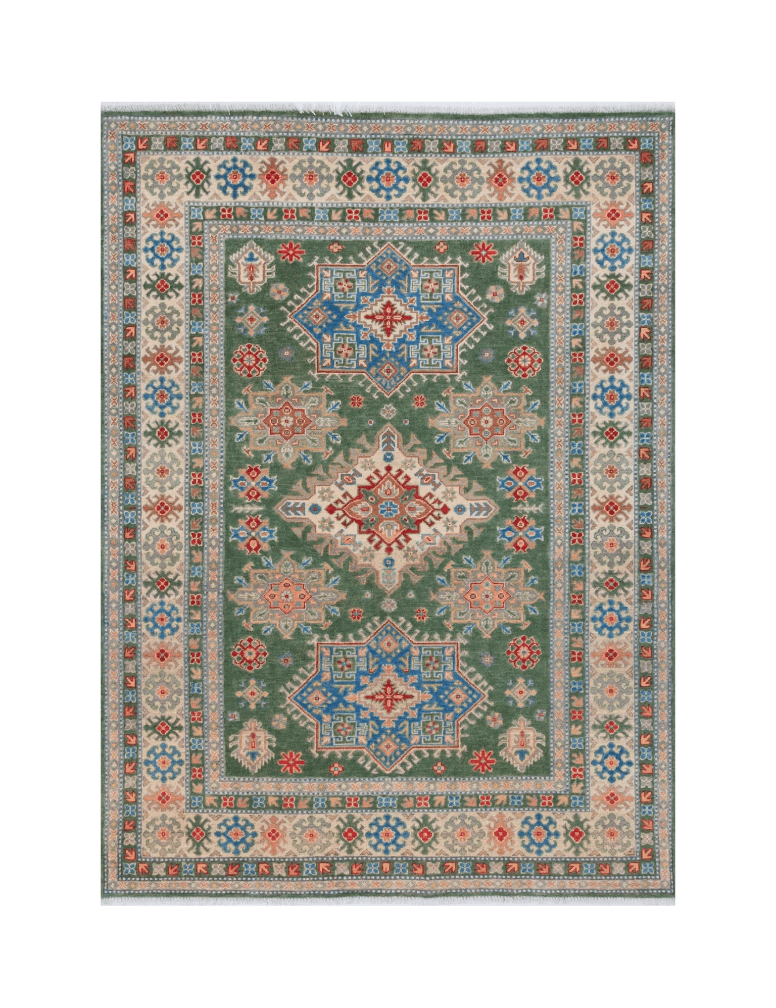 Full front view of green & blue Kazak-inspired wool rug 29637.
