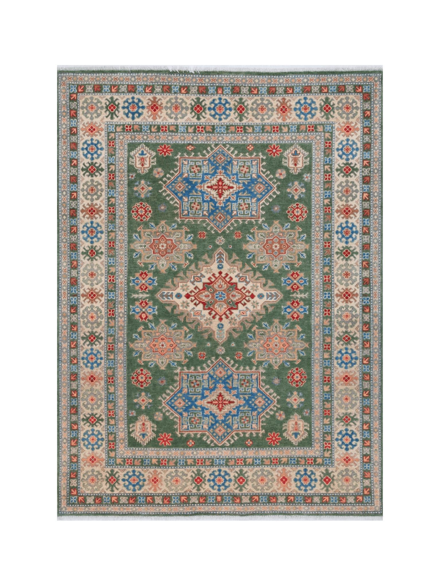 Full front view of green & blue Kazak-inspired wool rug 29637.