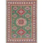 Full front view of green & red Kazak-inspired wool rug 29638.