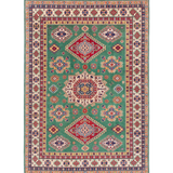 Full front view of green & red Kazak-inspired wool rug 29638.