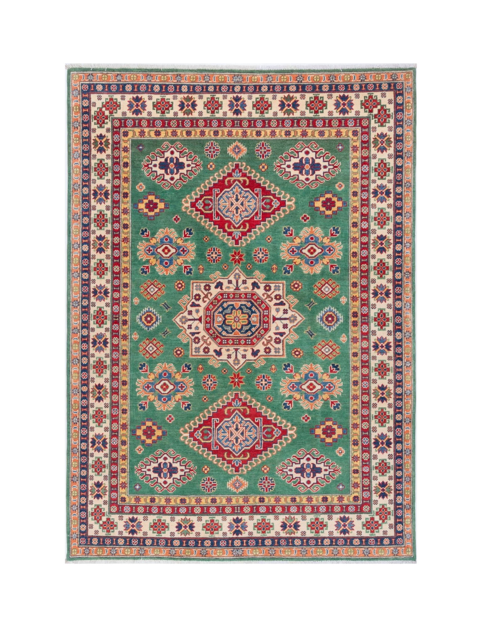 Full front view of green & red Kazak-inspired wool rug 29638.
