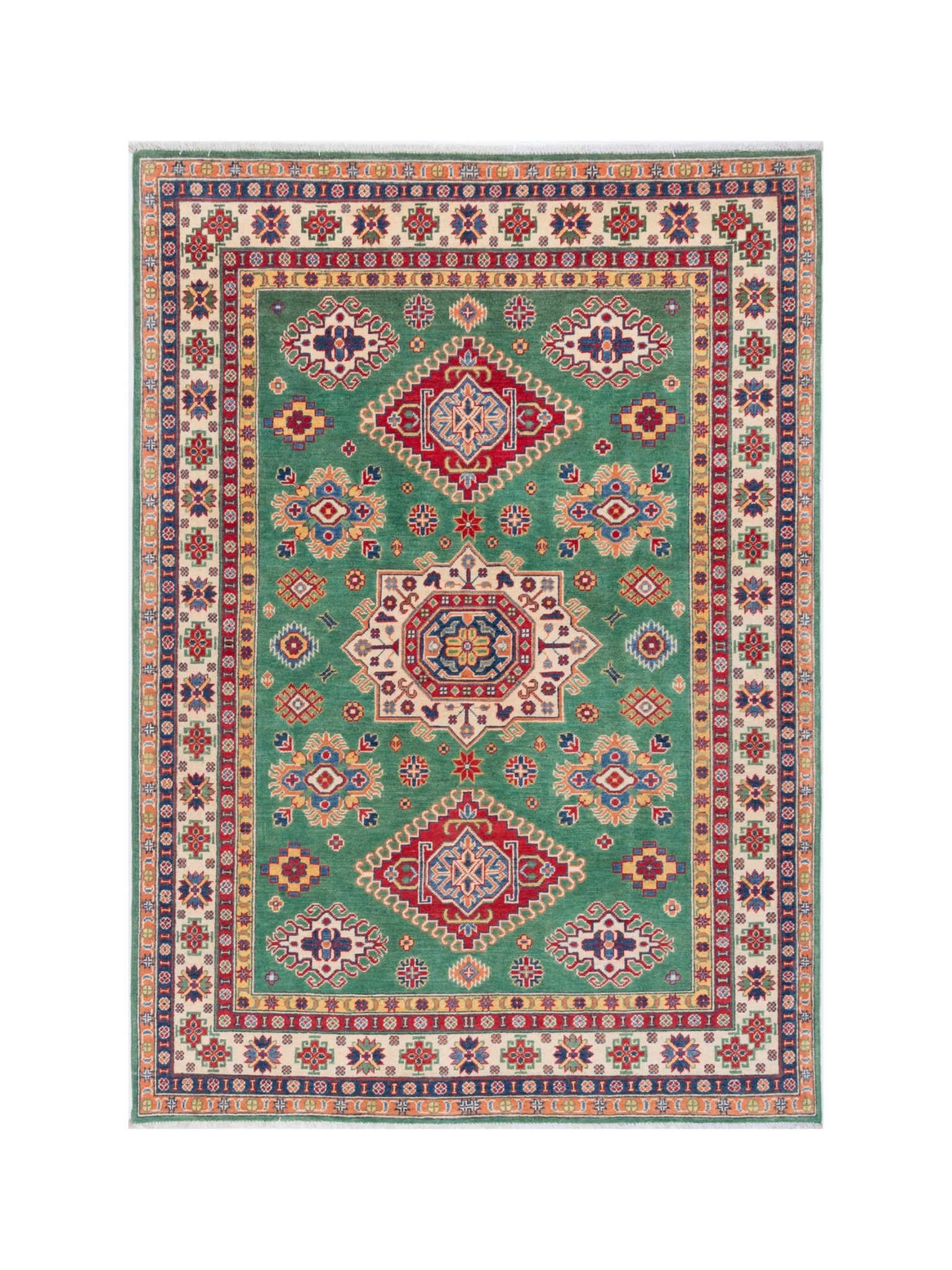 Full front view of green & red Kazak-inspired wool rug 29638.
