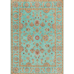 Full front view of turquoise & red Kazak-inspired wool rug 29664.