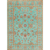 Full front view of turquoise & red Kazak-inspired wool rug 29664.