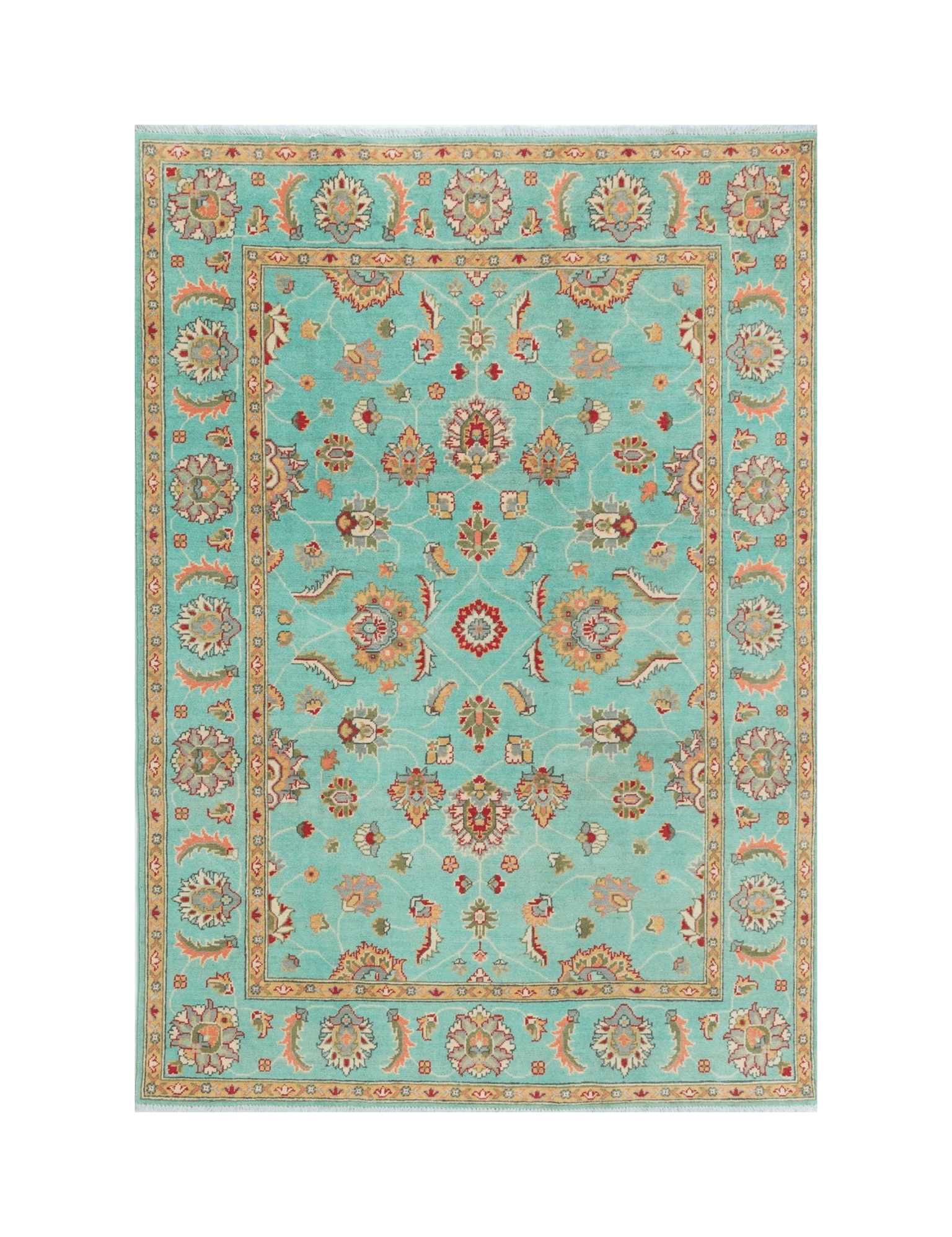 Full front view of turquoise & red Kazak-inspired wool rug 29664.
