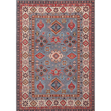 Full front view of blue & red Kazak-inspired wool rug 29339.