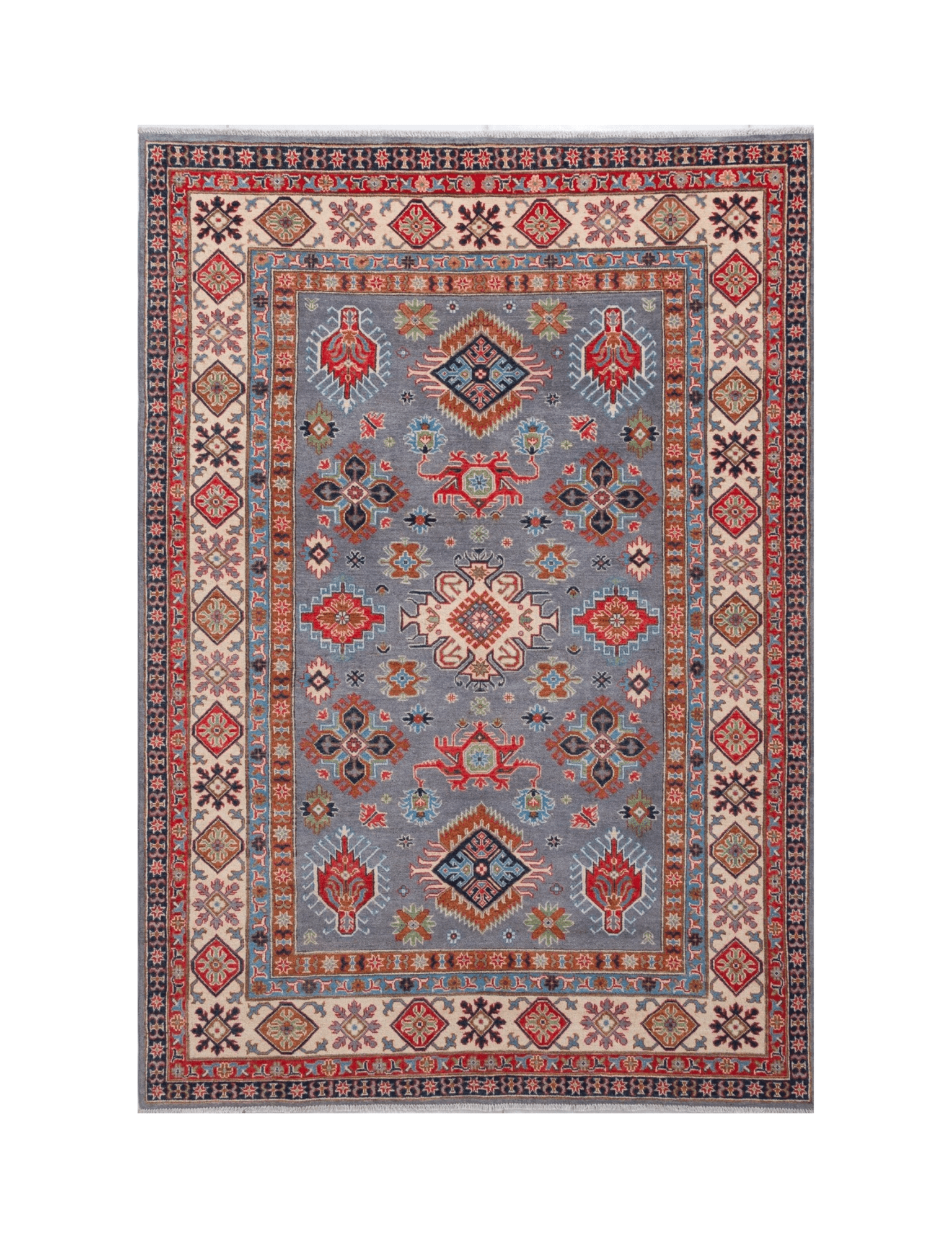 Full front view of blue & red Kazak-inspired wool rug 29339.