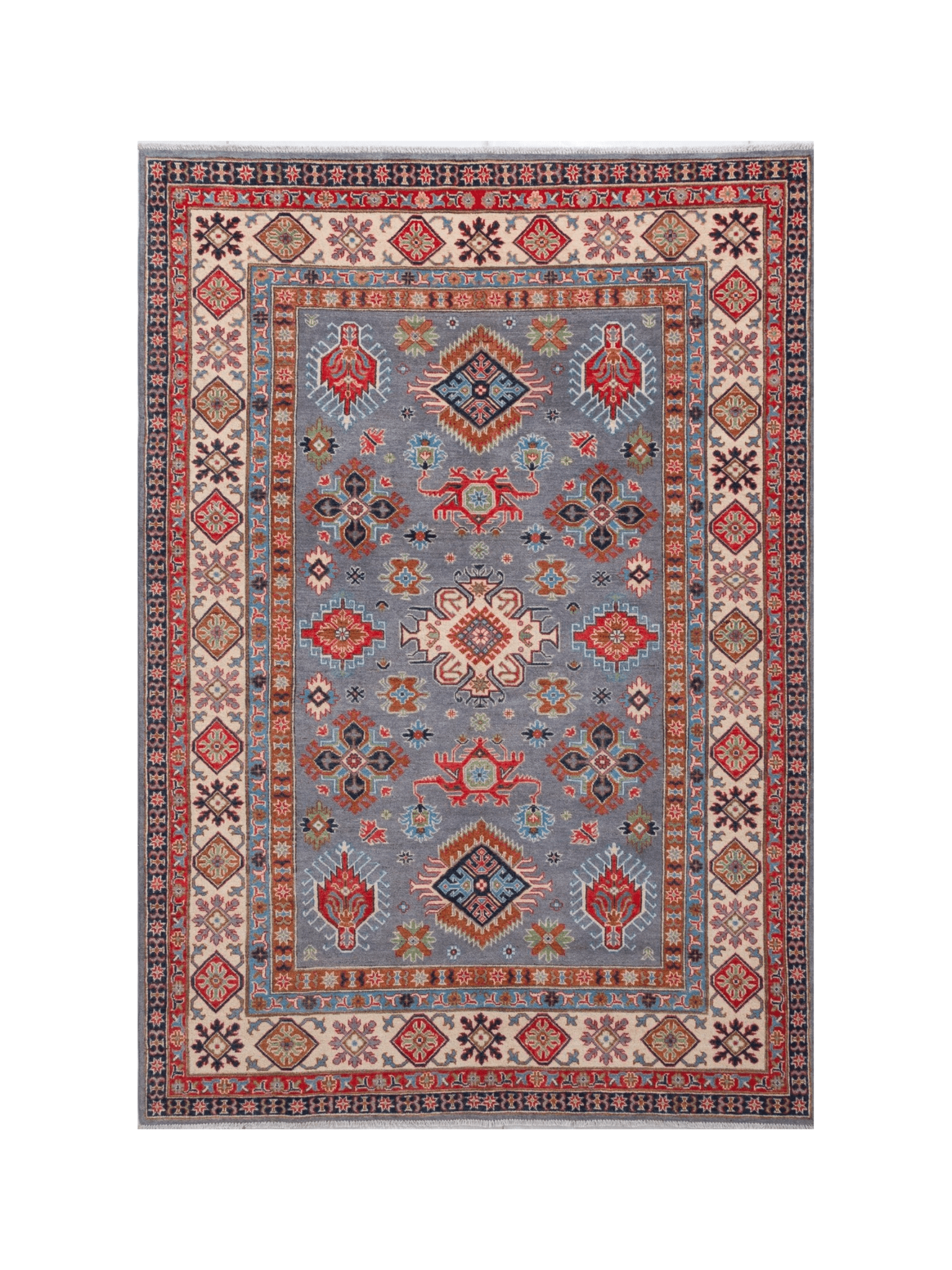 Full front view of blue & red Kazak-inspired wool rug 29339.