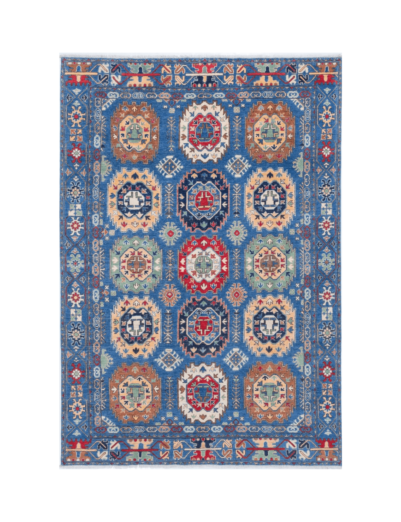 Full front view of blue & red Kazak-inspired wool rug 29635.