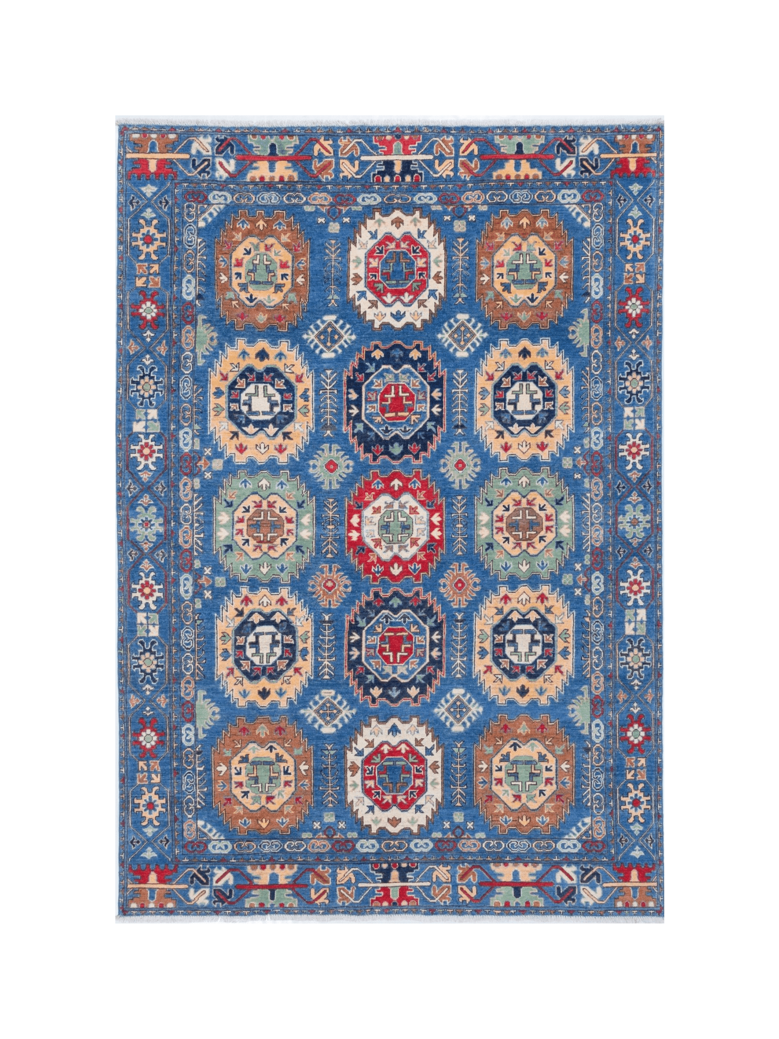 Full front view of blue & red Kazak-inspired wool rug 29635.