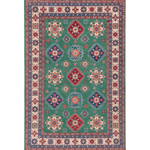 Full front view of green & blue Kazak-inspired wool rug 29639.