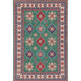 Full front view of green & blue Kazak-inspired wool rug 29639.
