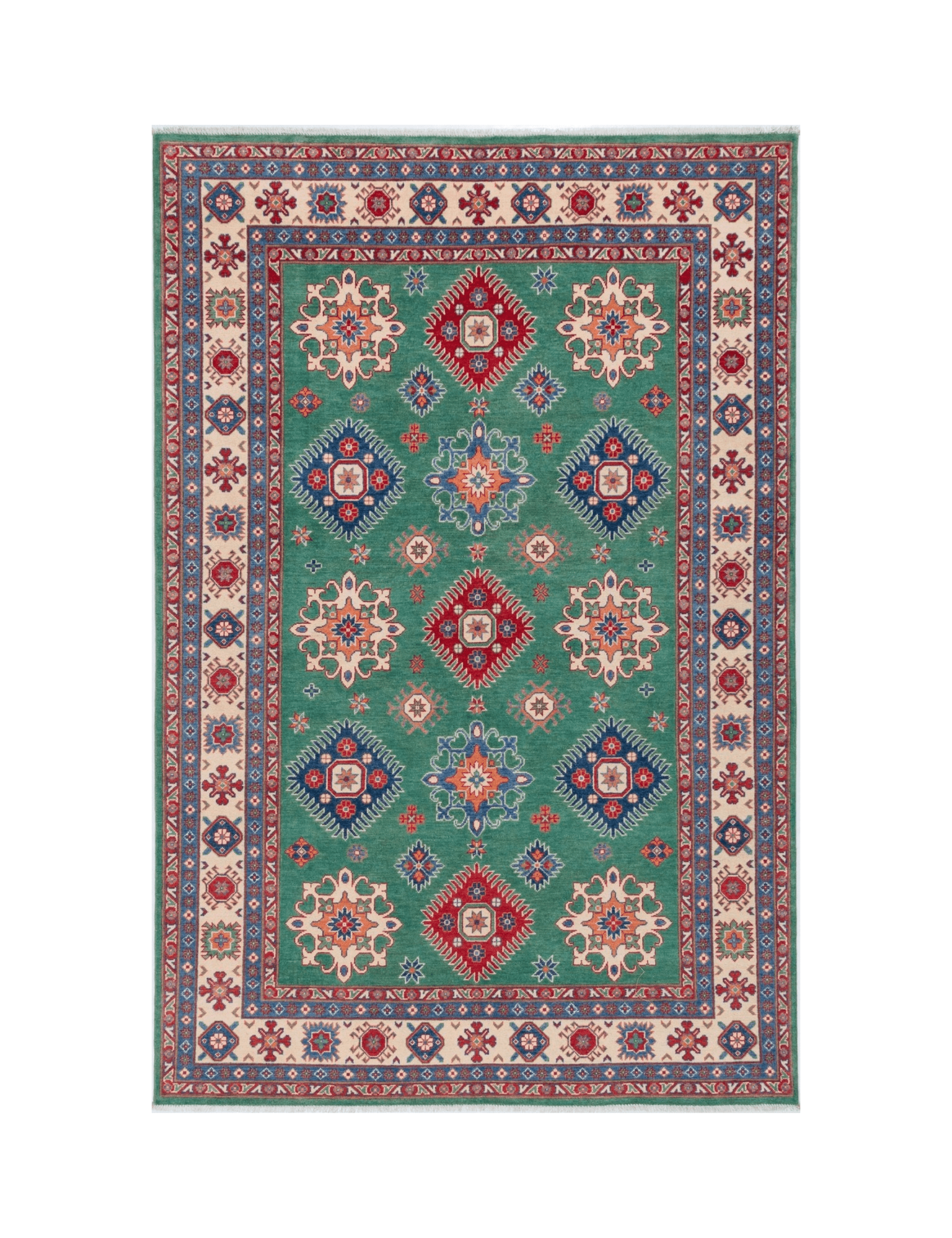 Full front view of green & blue Kazak-inspired wool rug 29639.