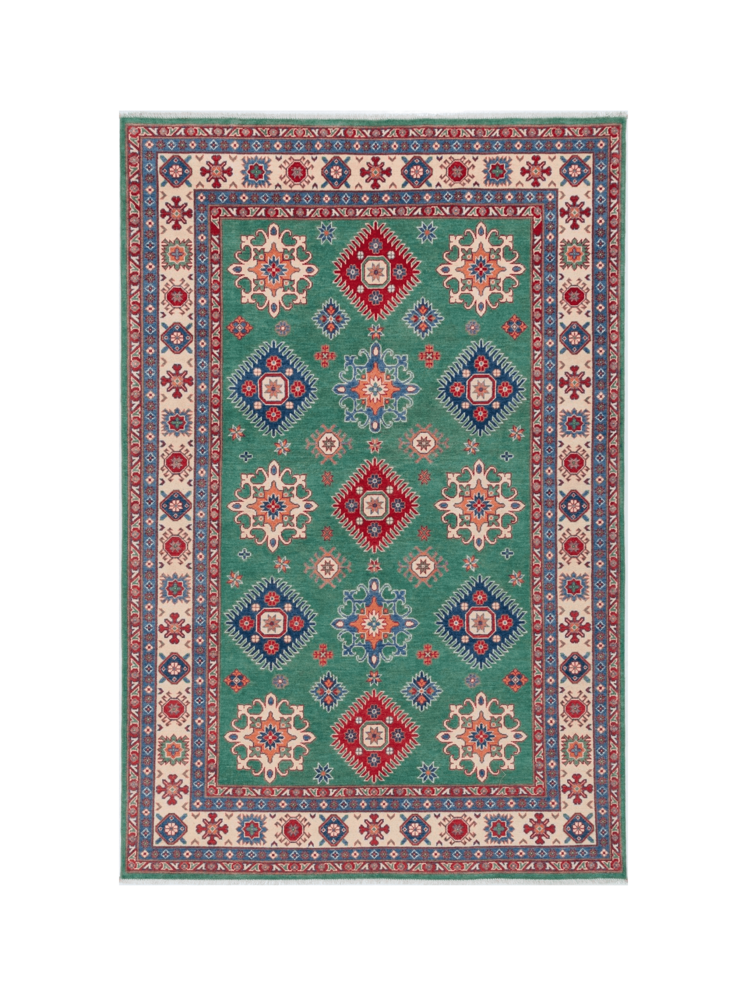 Full front view of green & blue Kazak-inspired wool rug 29639.