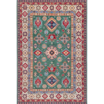 Full front view of green & ivory Kazak-inspired wool rug 29640.