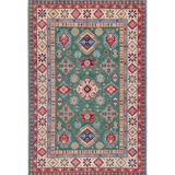 Full front view of green & ivory Kazak-inspired wool rug 29640.
