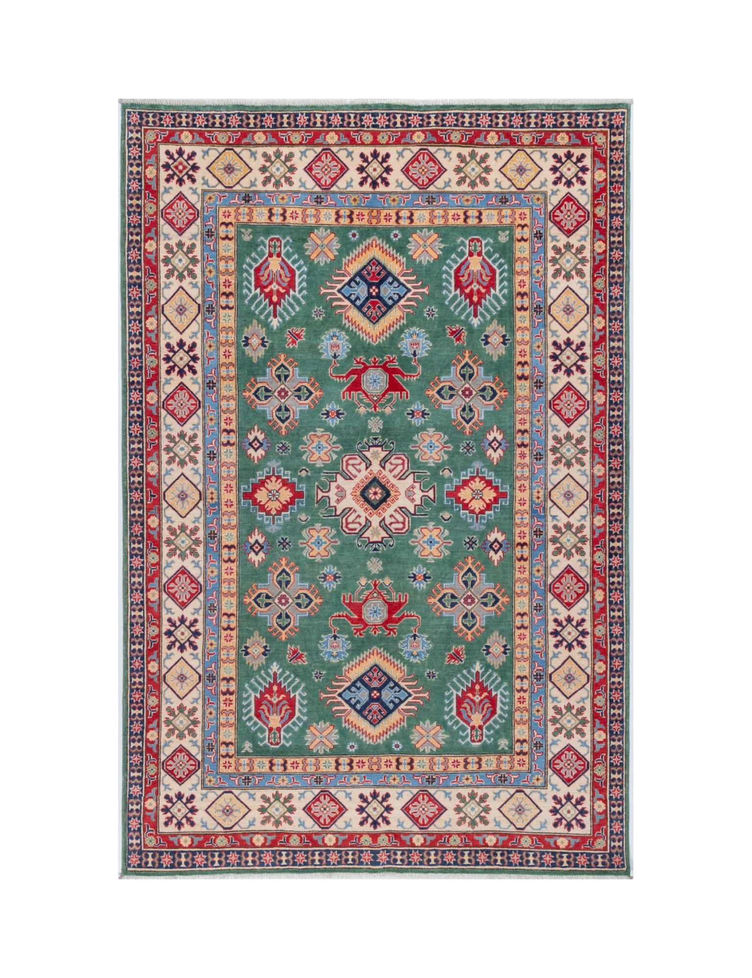 Full front view of green & ivory Kazak-inspired wool rug 29640.