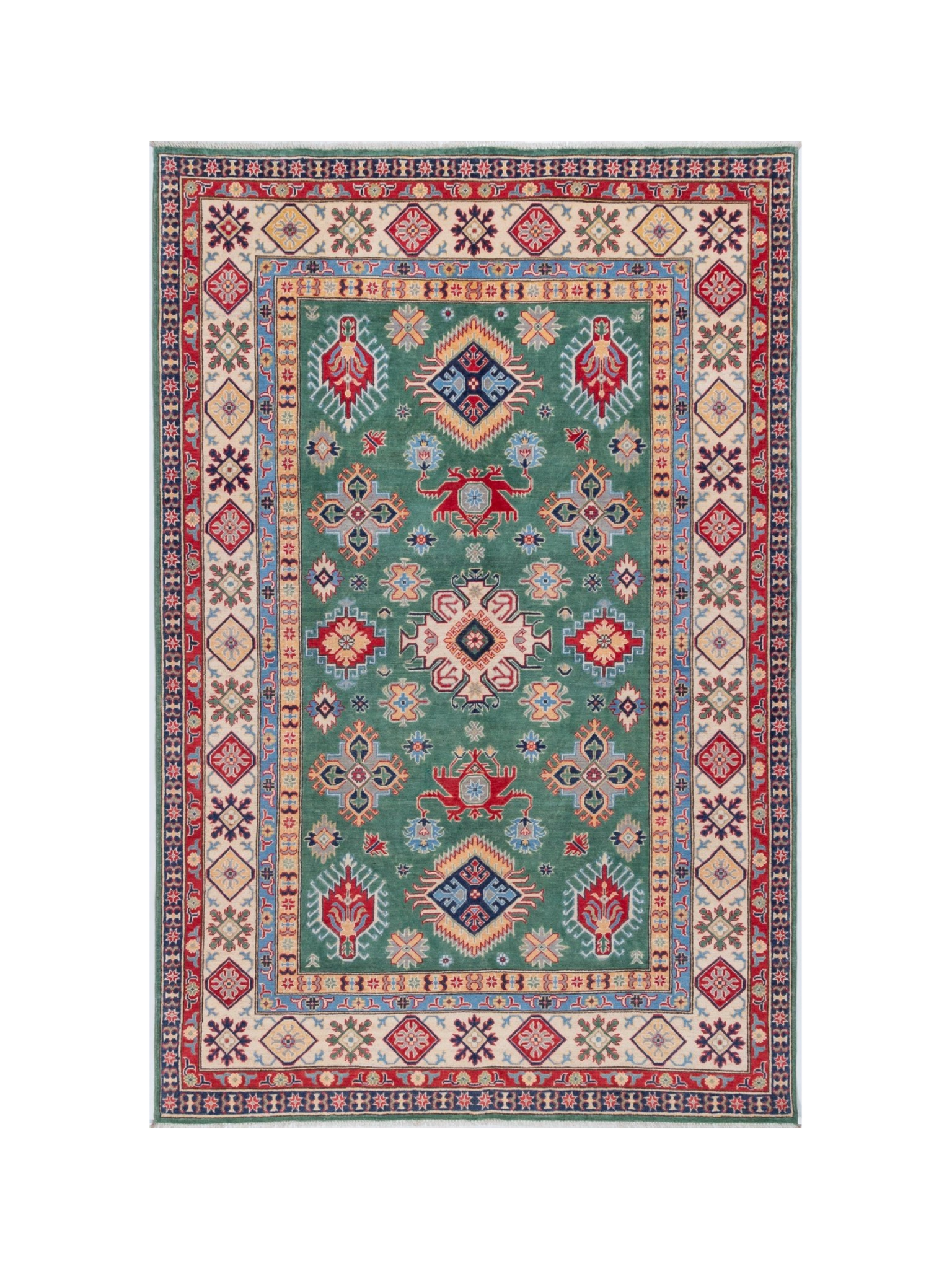 Full front view of green & ivory Kazak-inspired wool rug 29640.