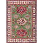 Full front view of green & red Kazak-inspired wool rug 29641.