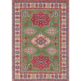 Full front view of green & red Kazak-inspired wool rug 29641.