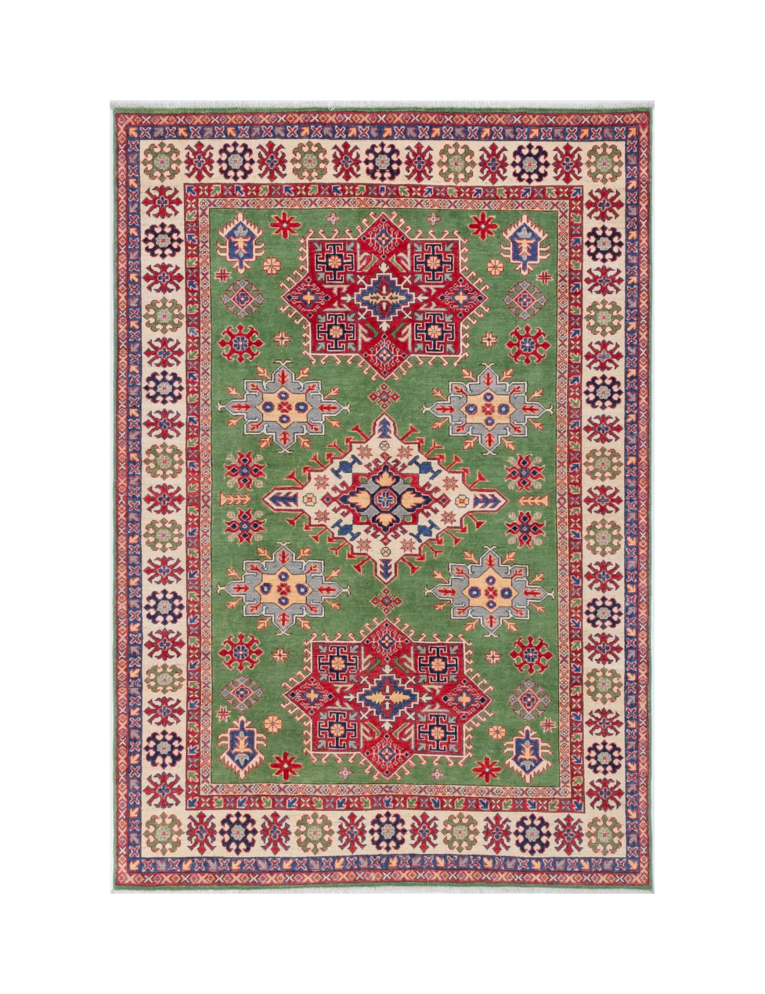 Full front view of green & red Kazak-inspired wool rug 29641.