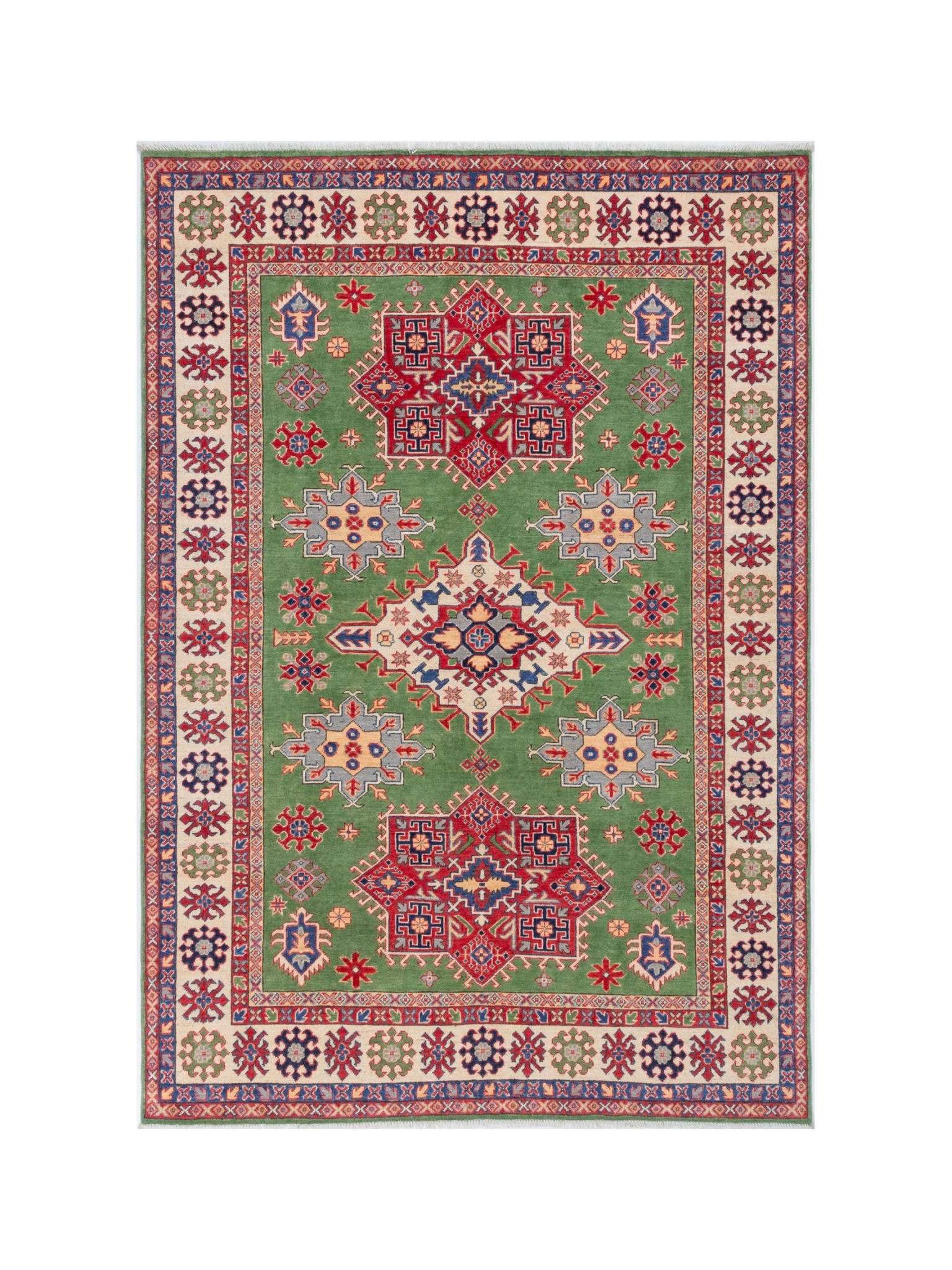 Full front view of green & red Kazak-inspired wool rug 29641.