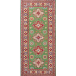 Full front view of green & red Kazak-inspired wool runner 29353.