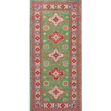 Full front view of green & red Kazak-inspired wool runner 29353.