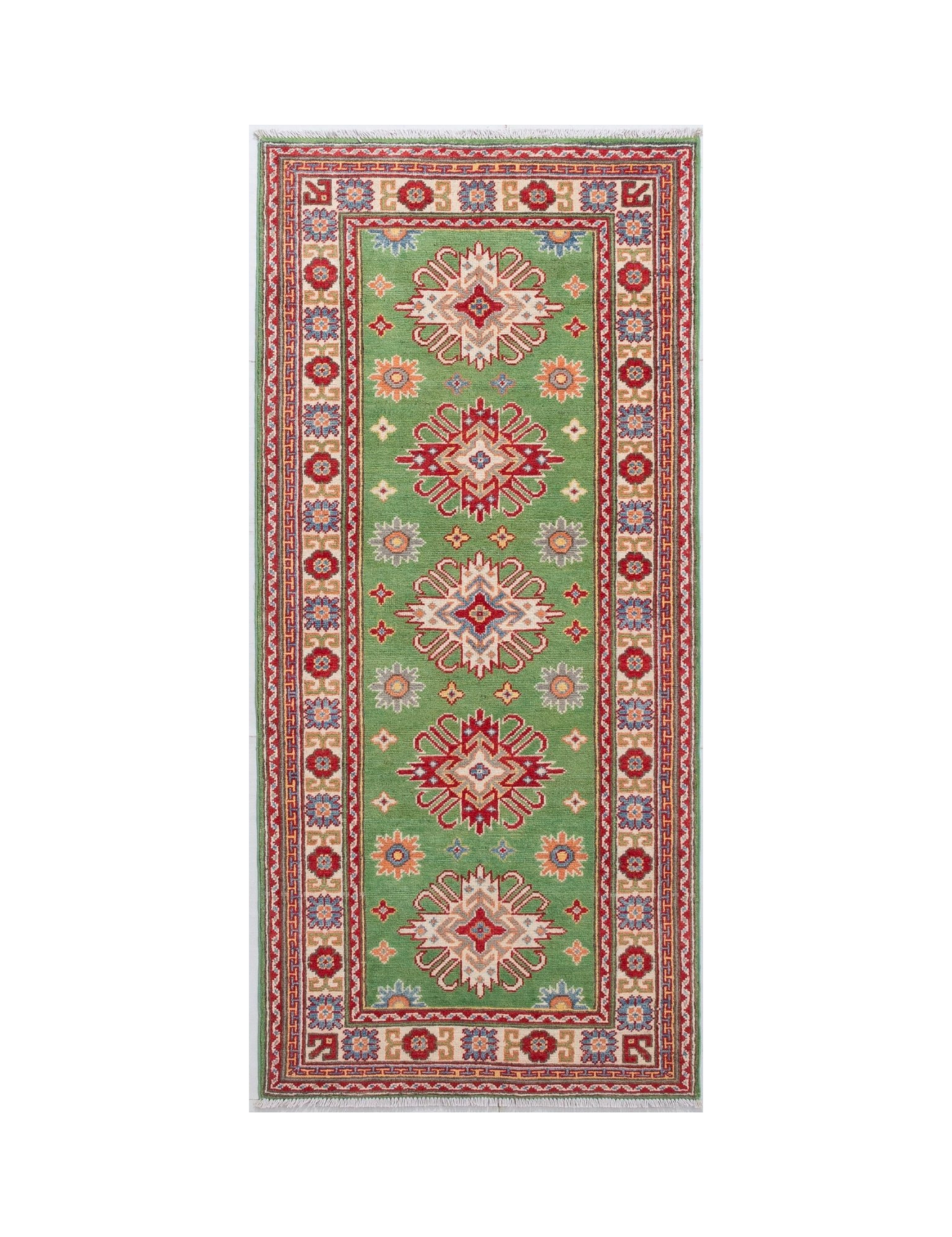 Full front view of green & red Kazak-inspired wool runner 29353.