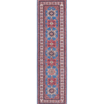 Full front view of blue & red Kazak-inspired wool runner 29653.