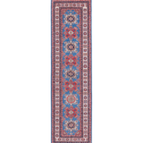 Full front view of blue & red Kazak-inspired wool runner 29653.
